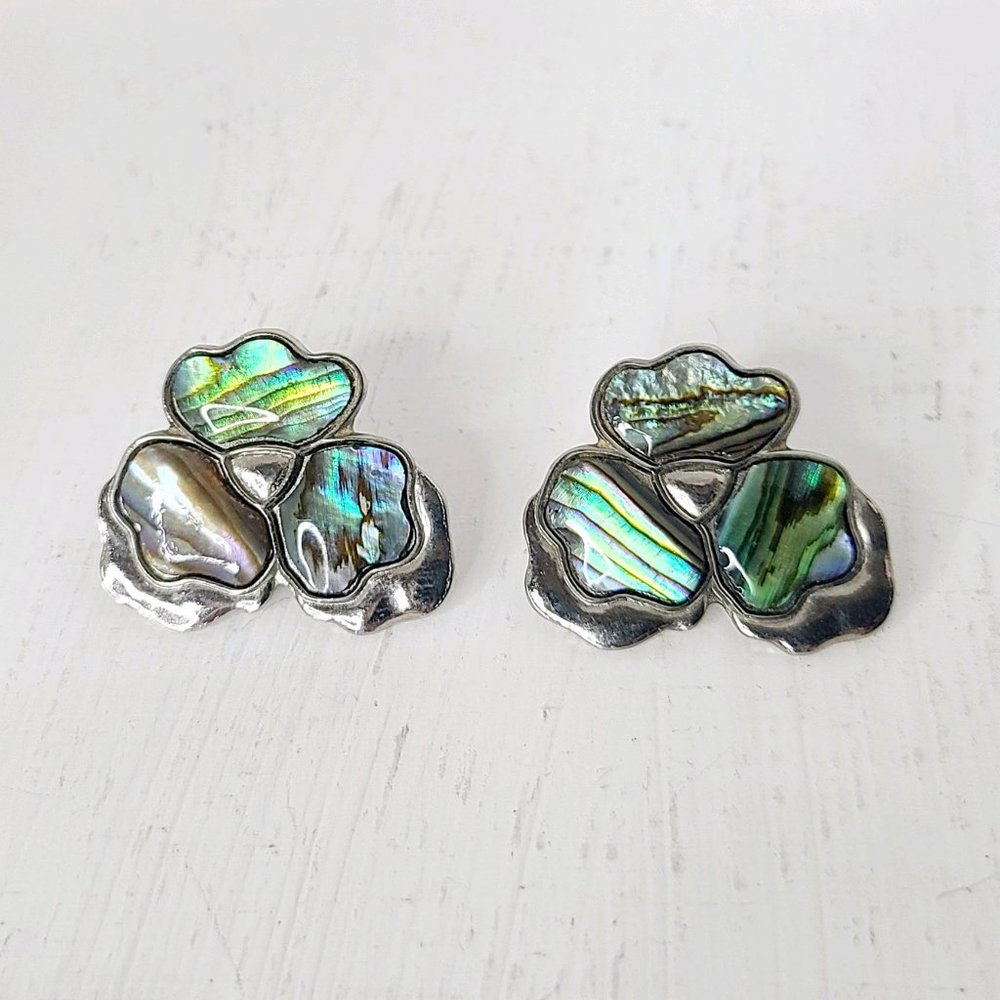 Vintage Abalone Earrings, Signed Nuri, Silver Toned, Flower, Clover, 80's, EUC